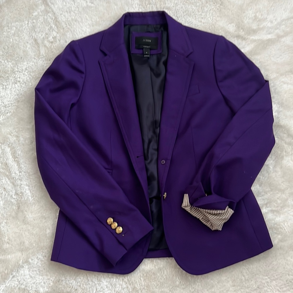 Deep purple J crew blazer with gold details and striped lining